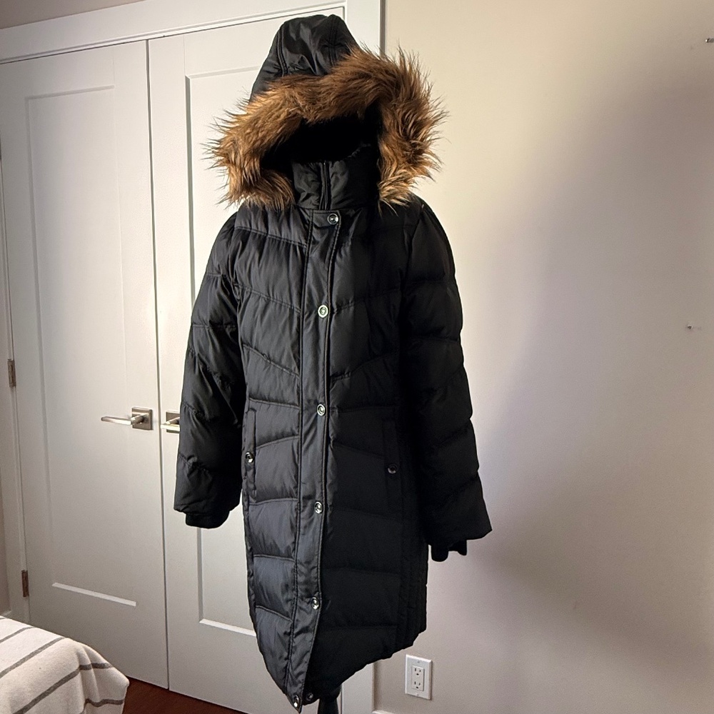 Coldwater Creek Long Black Puffer Coat w/ Faux Fur Hood – Women’s Size L (14)